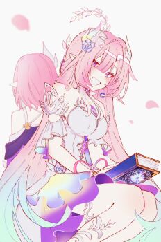 2girls aqua_hair as_i&#039;ve_written_(honkai:_star_rail) book breasts coat cyrene_(aedes_elysiae)_(honkai:_star_rail) cyrene_(honkai:_star_rail) cyrene_(ripples_of_past_reverie)_(honkai:_star_rail) dress dual_persona falling_petals flower hair_flower hair_ornament highres holding holding_book honkai:_star_rail honkai_(series) large_breasts long_hair mi_(27782900) multicolored_hair multiple_girls petals pink_hair pointy_ears purple_coat short_hair sitting smile very_long_hair white_dress white_hair