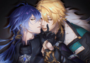 2boys antenna_hair arm_up black_background blonde_hair blue_gemstone blue_hair coat commentary english_commentary evee_(bingumon) eye_contact fingerless_gloves flins_(genshin_impact) gem genshin_impact gloves hand_on_another&#039;s_neck hand_on_another&#039;s_wrist highres long_hair long_sleeves looking_at_another male_focus medium_hair multiple_boys parted_bangs parted_lips varka_(genshin_impact) watermark white_fur yaoi