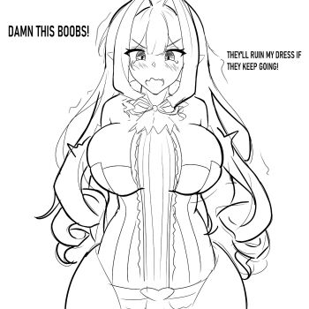 1girl baobhan_sith_(fate) baobhan_sith_(first_ascension)_(fate) breast_expansion breasts embarrassed fate/grand_order fate_(series) greyscale highres large_breasts long_hair monochrome pointy_ears sidelocks solo surprised tearing_up vampire vemus_01