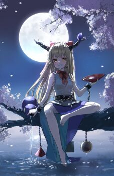 1girl absurdres alcohol belt blonde_hair blue_skirt bottle bow chain cherry_blossoms choko_(cup) cup full_moon gourd highres horns ibuki_suika long_hair moon moonlight night petals red_bow reflection ribbon sake sake_bottle shironeko_yuuki sitting skirt sky sleeveless smile solo touhou tree water wine