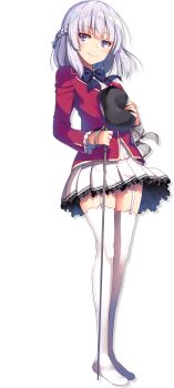 1girl advanced_nurturing_high_school_uniform black_bow black_bowtie black_hat blazer bow bowtie braid cane closed_mouth garter_straps grey_hair hat highres holding holding_cane holding_unworn_clothes holding_unworn_hat jacket long_sleeves looking_at_viewer medium_hair no_shoes official_art pleated_skirt purple_eyes red_jacket sakayanagi_arisu school_uniform simple_background skirt smile solo standing thighhighs tomose_shunsaku transparent_background unworn_hat unworn_headwear white_garter_straps white_skirt white_thighhighs youkoso_jitsuryoku_shijou_shugi_no_kyoushitsu_e zettai_ryouiki