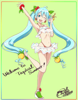 1girl absurdres arm_up bikini bikini_skirt blue_eyes blue_hair breasts commentary_request dec_madoka earrings english_text flower flower_earrings food-themed_hair_ornament frilled_bikini frills fruit_hat_ornament full_body green_background hair_flower hair_ornament hatsune_miku hibiscus highres jewelry leaf_hair_ornament long_hair looking_at_viewer navel one_eye_closed open_mouth pineapple_hair_ornament sandals signature small_breasts smile solo standing standing_on_one_leg swimsuit twintails very_long_hair vocaloid wrist_flower