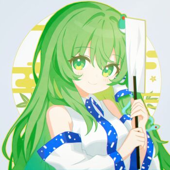 1girl absurdres breasts chinese_commentary closed_mouth commentary_request detached_sleeves egasumi frog_hair_ornament gohei green_eyes green_hair hair_ornament hair_tubes highres holding holding_gohei kochiya_sanae lancerkoi long_hair looking_at_viewer mixed-language_commentary single_hair_tube smile snake_hair_ornament solo touhou