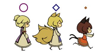 Rule 34 | 3girls, animal ears, bakeneko, blonde hair, blue tabard, bow, brown hair, cat ears, cat girl, cat tail, chen, chibi, chibi only, closed eyes, dress, fox ears, fox girl, fox tail, frilled skirt, frills, from side, full body, hair bow, kitsune, long sleeves, looking ahead, looking at another, medium skirt, missing headwear, multiple girls, multiple tails, outstretched arms, profile, purple tabard, red bow, red skirt, red vest, running, shirt, short hair with long locks, skirt, standing, tabard, tail, touhou, uewtsol, vest, walking, white background, white dress, white shirt, yakumo ran, yakumo yukari