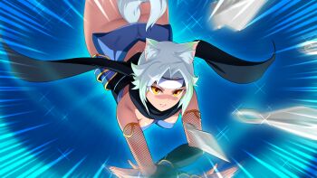 1girl animal_ear_fluff animal_ears ass bare_shoulders black_scarf breasts cat_ears fishnet_gloves fishnets forehead_protector game_cg gloves headband japanese_clothes knife kunai large_variant_set looking_at_viewer lunatic_ninja magical_girl medium_breasts nanao_(mahaya) ninja non-web_source ochite_iku_seisenshi_lunatic_angels official_art scarf shindou_yuki_(lunatic_angels) short_hair slit_pupils solo tail throwing_knife variant_set weapon white_hair yellow_eyes