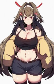 1girl alternate_costume bare_shoulders belt black_bra black_panties black_thighhighs blue_shorts blush bra breasts brown_hair closed_mouth clover clover_hair_ornament collarbone commentary cowboy_shot crop_top droopy_ears english_commentary hair_ornament hairband highres hinghoi jacket large_breasts long_hair looking_at_viewer midriff navel off_shoulder open_clothes panties red_eyes shorts simple_background sleeves_past_fingers sleeves_past_wrists smile solo string_panties thighhighs underwear very_long_hair white_background white_hairband ye_shunguang yellow_jacket zenless_zone_zero