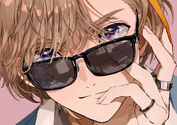 Rule 34 | 1boy, absurdres, blonde hair, close-up, fura kanato, hair between eyes, hand on own face, hashtag-only commentary, highres, jewelry, looking at viewer, male focus, matsuhago, multiple rings, nijisanji, pink background, purple eyes, ring, short hair, simple background, smile, solo, sunglasses, virtual youtuber