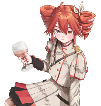 1girl absurdres ahoge alcohol arm_at_side belt black_belt blush buttons closed_mouth cup double-breasted drill_hair drinking_glass flat_chest from_above grey_jacket grey_skirt hair_between_eyes hand_up hashtag-only_commentary highres holding holding_cup imfa46 jacket kasane_teto kasane_teto_(sv) layered_skirt layered_sleeves long_sleeves looking_at_viewer musical_staff orange_eyes red_hair red_skirt red_trim shoulder_belt shoulder_boards skirt skirt_set smile solo striped_clothes striped_jacket striped_skirt synthesizer_v twin_drills utau white_background wine wine_glass