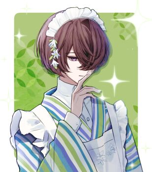 Rule 34 | 1boy, blue kimono, border, boys be maid!, brown hair, closed mouth, crossdressing, crossdressing (mtf), dress shirt, expressionless, floral print, flower, green background, green kimono, hair flower, hair ornament, hair over one eye, hand on own chin, highres, himeutsugi rei, japanese clothes, kimono, long sleeves, looking at viewer, maid, maid headdress, male focus, male maid, multicolored kimono, outside border, purple eyes, purple kimono, shippou (pattern), shirt, short hair, sideways glance, solo, sparkle, striped clothes, striped kimono, upper body, vertical-striped clothes, vertical-striped kimono, wa maid, white border, white flower, white kimono, white shirt, yukimari0626