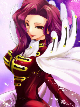 1girl ascot breasts cape coat code_geass cornelia_li_britannia gloves hair_intakes kuonxkuon large_breasts long_hair long_sleeves looking_at_viewer makeup military_uniform purple_eyes purple_hair red_coat red_lips smile solo white_ascot white_cape white_gloves