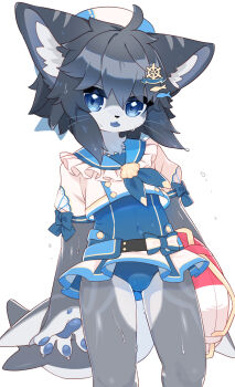 1girl :3 absurdres ahoge animal_hands animal_nose belt blue_hair blue_one-piece_swimsuit blue_ribbon cat_girl clam_shell_ornament crop_top fang fins fish_hairpin fish_tail frills furry furry_female grey_fur grey_hair hair_between_eyes hair_ornament hairpin hat highres holding holding_swim_ring innertube miniskirt multiple_hairpins one-piece_swimsuit original pawpads ribbon sailor_collar sailor_hat shark_tail short_sleeves simple_background skin_fang skirt standing swim_ring swimsuit tai_tai_kun tail thighs two-tone_fur water_drop wet white_background