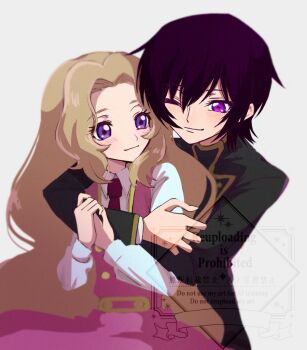 1boy 1girl ;) affectionate black_hair black_jacket blonde_hair brother_and_sister buttons closed_mouth code_geass collared_shirt commentary_request dress eyelashes hug hug_from_behind jacket lelouch_vi_britannia light_blush long_hair long_sleeves miigon99999 necktie nunnally_vi_britannia one_eye_closed pink_dress purple_eyes red_necktie shirt short_hair siblings sidelocks smile white_shirt