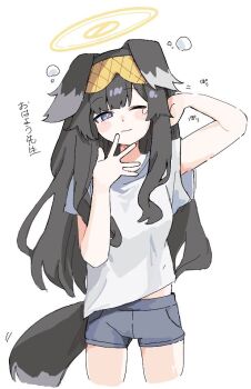 1girl animal_ears black_hair blue_archive blue_shorts blush blush_stickers closed_mouth cowboy_shot cropped_legs dog_ears dog_girl dog_tail grey_shorts halo hibiki_(blue_archive) long_hair looking_at_viewer one_eye_closed purple_eyes shirt short_shorts short_sleeves shorts simple_background sleepy solo squeans tail waking_up white_background white_shirt yawning yellow_halo youbi_(0ver_sd)