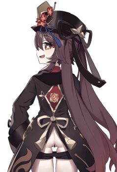 1girl anba_kohaku bar_censor black_headwear black_shorts brown_hair censored clothes_pull flower from_behind genshin_impact highres hu_tao_(genshin_impact) long_sleeves looking_at_viewer looking_back open_mouth plum_blossoms pussy red_eyes short_shorts shorts shorts_pull simple_background smile solo symbol-shaped_pupils tailcoat twintails white_background wide_sleeves