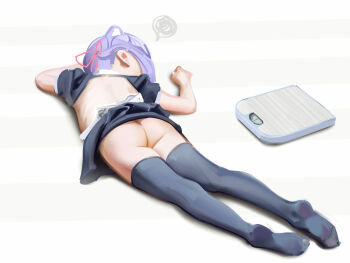 1girl absurdres animal_ears ass back bathroom_scale black_skirt borrowed_character cat_ears commentary extra_ears facing_away female_focus from_behind full_body grey_skirt grey_thighhighs hair_over_face hair_ribbon highres lokulo-chan_(lokulo_no_mawashimono) loli lying maid medium_hair no_panties no_shoes on_stomach original pink_ribbon purple_hair ribbon short_sleeves shrug_(clothing) skirt solo spoken_squiggle squiggle sweetonedollar thighhighs weighing_scale weight_conscious