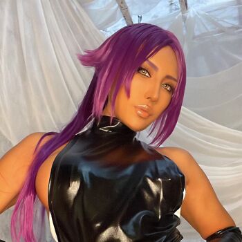 2022 asian bare_shoulders black_leotard bleach breasts closed_mouth cosplay cosplay_photo dark-skinned_female dark_skin elbow_gloves gloves hair_ornament japanese_(nationality) large_breasts leotard lips long_hair looking_at_viewer nonsummerjack parted_bangs photo_(medium) ponytail purple_hair shihouin_yoruichi shihouin_yoruichi_(cosplay) simple_background tan upper_body yellow_eyes