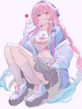 1girl aqua_jacket auru_grap black_skirt cyrene_(aedes_elysiae)_(honkai:_star_rail) cyrene_(honkai:_star_rail) hair_ornament highres honkai:_star_rail honkai_(series) jacket jewelry looking_at_viewer open_clothes open_jacket open_mouth pink_eyes pink_hair pointy_ears skirt smile solo