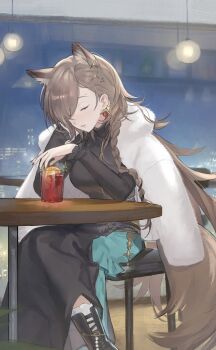 1girl alcohol animal_ears arknights bar_(place) black_dress black_nails braid brown_hair brown_tail ceiling_light closed_eyes commentary cup dress drink drinking_glass drunk earrings feet_out_of_frame fingernails food fruit hair_behind_ear hair_ornament indoors jewelry jpeg_artifacts long_dress long_hair long_sleeves mole mole_above_eye nail_polish official_alternate_costume orange_(fruit) orange_slice parted_lips penance_(arknights) penance_(occasionally_flushed)_(arknights) pimi round_table sitting sleeping solo symbol-only_commentary table tail