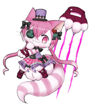 1girl :3 animal_ears black_bow boots bow cat_busters cat_ears cat_girl cat_tail cheshire_(cat_busters) claws club_(shape) commentary_request dress eyepatch full_body furry furry_female gloves grin hair_bow hair_ornament hat long_hair low_twintails mini_hat mini_top_hat pawpads pink_fur plaid_clothes plaid_dress purple_dress purple_eyes purple_hair red_boots red_gloves ringed_eyes simple_background smile solo spade_hair_ornament striped_tail tachi-e tail top_hat twintails wataboshi whiskers