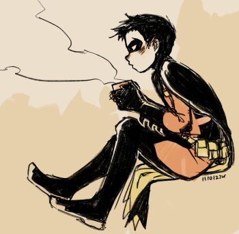 1boy batman_(series) black_hair boots cape cup dc_comics domino_mask eye_mask ginkun highres male_focus mask robin_(dc) sitting solo tim_drake young_justice young_justice:_invasion