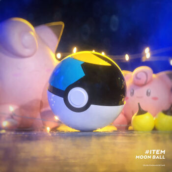 3d apricorn artist_name blurry blurry_background celebi350300687 cinema_4d_(medium) clefairy closed_eyes closed_mouth commentary english_text gen_1_pokemon highres moon_ball nintendo no_humans object_focus poke_ball pokemon pokemon_(creature) sitting smile
