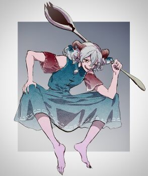 Rule 34 | crazy, highres, holding, holding spork, horn ornament, horn ribbon, horns, meandros, navybluesparrow, oversized object, patterned clothing, rectangular pupils, red eyes, red horns, red sleeves, ribbon, sharp nails, sharp teeth, sheep horns, spork, teeth, touhou, toutetsu yuuma, utensil