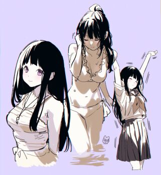 Rule 34 | 1girl, artist logo, bikini, black hair, blush, breasts, chitanda eru, highres, hyouka, kamiyama high school uniform (hyouka), kyoto animation, logo, long hair, looking at viewer, mery (yangmalgage), multiple views, neckerchief, ponytail, purple eyes, sailor collar, school uniform, serafuku, skirt, smile, swimsuit, white background