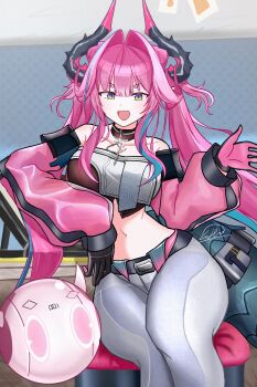 1girl absurdres arknights arknights:_endfield belt black_gloves blue_eyes blue_hair breasts collarbone commentary_request dragon_girl dragon_horns dragon_tail gloves hair_intakes hair_ornament hairclip highres horns laffei0a large_breasts long_hair looking_at_viewer midriff multicolored_hair open_mouth pants pink_hair sitting solo tail twintails white_pants yvonne_(arknights)