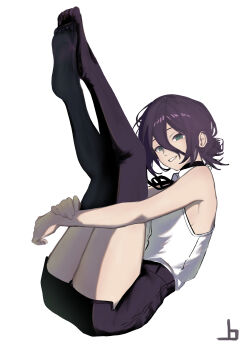 1girl absurdres black_ribbon black_shorts chainsaw_man green_eyes hair_between_eyes highres joadv legs_up neck_ribbon purple_hair reze_(chainsaw_man) ribbon shirt short_shorts shorts simple_background sleeveless sleeveless_shirt solo thighhighs white_background white_shirt