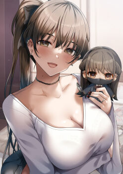 1girl arm_under_breasts black_bow black_choker black_mask blush bow breasts brown_eyes brown_hair character_doll choker cleavage collarbone commentary_request doll hair_bow highres holding holding_doll indoors konata_(kankin_jk) large_breasts long_hair looking_at_viewer mask mishiranu_joshikousei_ni_kankin_sareta_mangaka_no_hanashi mole mole_on_neck mouth_mask no_mask open_mouth ponytail ryouma_(galley) shirt smile solo upper_body white_shirt