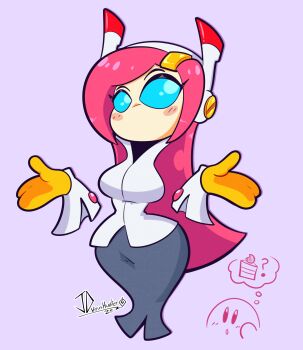 1boy 1girl 2025 :o absurdres alternate_breast_size_(larger) artist_name black_skirt blue_eyes blush blush_stickers breasts cake closed_eyes commentary contrapposto curvy dated english_commentary floating food gloves grey_background hair_ornament hairclip hands_up highres image_in_thought_bubble jdsketching kirby kirby:_planet_robobot kirby_(series) kirby_air_ride kirby_air_riders large_breasts long_hair nintendo one_eye_closed pink_hair rayman_limbs robot shrugging sidelocks simple_background skirt speech_bubble staring susie_(kirby) thought_bubble white_background wide_hips wink yellow_gloves