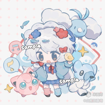 1girl :d asymmetrical_legwear bai_xiong_nailaojuan blue_dress blue_hat blue_socks blush_stickers brown_eyes brown_shoes chibi chibi_only cubchoo dress full_body gen_1_pokemon gen_3_pokemon gen_5_pokemon hat highres jigglypuff long_hair mihuashi_username mismatched_legwear musical_note neck_ribbon nintendo open_mouth original pink_socks pokemon pokemon_(creature) red_ribbon ribbon sample_watermark shoes smile socks sparkle spoken_musical_note standing swablu watermark white_background white_hair