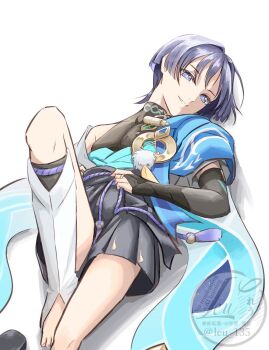 Rule 34 | 1boy, armpit crease, belt, black belt, black bodysuit, black shorts, blue cape, blue gem, blue kimono, bodysuit, bright pupils, cape, colored inner hair, covered collarbone, eyelashes, feathers, furisode, gem, genshin impact, gold, grey hair, hakama, hakama shorts, hashtag-only commentary, highres, japanese clothes, juban, kimono, knee up, leg warmers, leu 135, looking at viewer, lying, male focus, mandarin collar, multicolored hair, on back, open clothes, open kimono, parted lips, pleated shorts, pom pom (clothes), purple eyes, purple hair, purple rope, rope, scaramouche (genshin impact), shorts, side cape, single off shoulder, smile, solo, tassel, toeless legwear, toenails, toes, tsurime, twitter username, vision (genshin impact), wanderer (genshin impact), watermark, white background, white kimono, white leg warmers, white mouth, white pupils, white trim, yellow feathers