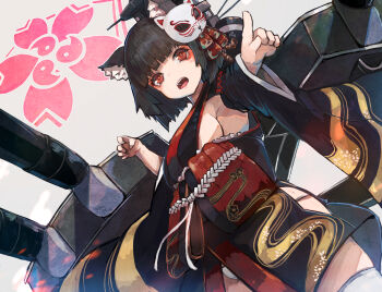 1girl animal_ear_fluff animal_ears azur_lane black_hair black_kimono black_sash bob_cut breasts cat_ears cat_mask clothing_cutout commentary_request cowboy_shot detached_sleeves determined dutch_angle eyeshadow furisode_sleeves highres hip_vent japanese_clothes kimono large_breasts makeup manaita_obi mask mask_on_head nyucha obi obijime open_mouth panties panty_straps pantyshot pointing pointing_at_viewer print_kimono red_eyes red_eyeshadow rigging sash short_hair short_kimono sideboob sideless_kimono solo thighhighs underwear v-shaped_eyebrows white_thighhighs wide_sleeves yamashiro_(azur_lane)