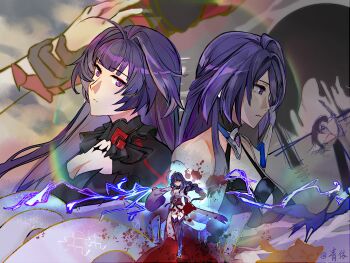 Rule 34 | 4girls, absurdres, acheron (honkai: star rail), acheron (izumo) (honkai: star rail), alternate costume, alternate universe, angry, animal, arm up, artist name, bare shoulders, blood, blood splatter, blunt bangs, braid, breasts, chinese commentary, cleavage, closed mouth, commentary request, couple, crying, crying with eyes open, electricity, expressionless, formal clothes, from side, full body, genshin impact, gloves, glowing, grabbing another's arm, hair intakes, hair ornament, hair over one eye, head tilt, highres, holding, holding sword, holding weapon, honkai: star rail, honkai (series), honkai impact 3rd, in-franchise crossover, japanese clothes, katana, kiana kaslana, kimono, kneeling, lofter username, long braid, long sleeves, looking at viewer, looking down, looking to the side, mihoyo, mini person, multicolored eyes, multiple girls, orobashi (genshin impact), outdoors, purple eyes, purple hair, purple kimono, purple thighhighs, quantummechanics39528, raiden mei, raiden shogun, rainbow, red sash, sad, sash, sawashiro miyuki, shade, shaded face, single braid, sky, snake, spoilers, suit, sword, tears, thighhighs, upper body, voice actor connection, water, weapon, white kimono, wide sleeves, yuri