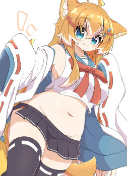 1girl :3 ahoge animal_ear_fluff animal_ears aqua_eyes belly black_skirt black_thighhighs blue_sailor_collar bow bowtie breasts commentary_request cropped_shirt dog_ears dog_girl dog_tail groin hair_between_eyes hair_ornament hairclip haru_(toramaru2001710) highres jacket jacket_partially_removed large_breasts light_blush long_hair looking_at_viewer miniskirt multicolored_hair navel open_clothes open_jacket orange_hair original pleated_skirt red_bow red_bowtie red_ribbon ribbon ribbon-trimmed_sleeves ribbon-trimmed_thighhighs ribbon_trim sailor_collar shirt side_slit sidelocks simple_background skirt sleeveless sleeveless_shirt sleeves_past_fingers sleeves_past_wrists smile solo tail thighhighs toramaru2001710 two-tone_hair very_long_hair white_background white_hair white_jacket white_shirt wide_sleeves x_hair_ornament zettai_ryouiki