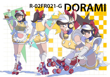 Rule 34 | 1990s (style), 1girl, absurdres, adjusting footwear, apron, ass, asymmetrical gloves, back bow, bell, black eyes, black hair, blue collar, bow, breasts, burger, buttons, carhop, cat tail, character name, collar, cup, doraemon, dorami, drinking glass, drinking straw, edoya inuhachi, elbow gloves, fake tail, flower, food, frilled apron, frills, full body, gloves, hair bow, hand on own hip, hand up, hat, headphones, headset, highres, holding, holding tray, humanization, hurricane glass, ice cream, ice cream float, jingle bell, kneehighs, large buttons, long hair, looking at viewer, medium breasts, microphone, mini flag, neck bell, one eye closed, open mouth, ponytail, puffy shorts, red bow, red shoes, retro artstyle, roller skates, shadow, shirt, shoes, short sleeves, shorts, single elbow glove, sitting, skates, smile, socks, solo, standing, surprised, swept bangs, tail, tail flower, tail ornament, tray, uneven gloves, vest, visor cap, waist apron, waitress, white bow, white gloves, white hat, white shirt, white socks, white tail, wide sleeves, yellow shorts, yellow vest