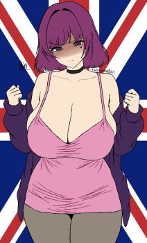 1girl alternate_breast_size_(larger) amelia_(pathways) animification annoyed artist_name breasts camisole choker cleavage clenched_hands closed_mouth cowboy_shot dress female_focus furrowed_brow hair_intakes highres huge_breasts jacket large_breasts legs looking_at_viewer mole mole_under_eye off_shoulder open_clothes open_jacket pantyhose pathways_(game) pink_dress purple_eyes purple_hair purple_jacket shaded_face short_hair solo theoneand0din thick_thighs thighs union_jack