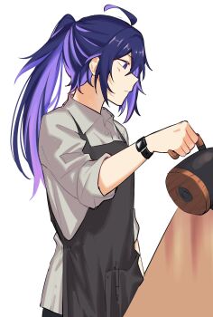 1girl ahoge alternate_hairstyle apron black_apron blush buttons closed_mouth collared_shirt colored_inner_hair hair_between_eyes hand_up high_ponytail highres holding holding_kettle honkai:_star_rail honkai_(series) kettle long_hair looking_at_object looking_down multicolored_hair natsuki_(2917) pen pocket ponytail pouring purple_eyes purple_hair seele_(honkai:_star_rail) shirt sidelocks simple_background solo standing table watch white_background white_shirt wristwatch