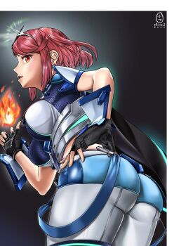 1girl absurdres alternate_color artist_name ass backless_outfit black_gloves blue_shorts blue_thighhighs bob_cut breasts chest_jewel earrings fingerless_gloves fire floating_earrings from_below gloves hand_on_own_hip hand_up highres impossible_clothes invadercamille jewelry large_breasts nintendo pantyhose pantyhose_under_shorts pyra_(xenoblade) pyrokinesis red_eyes red_hair short_hair short_sleeves shorts skindentation solo super_smash_bros. suspenders swept_bangs thighhighs thighhighs_over_pantyhose tiara white_pantyhose xenoblade_chronicles_(series) xenoblade_chronicles_2