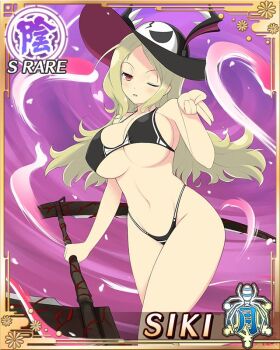 1girl aura bikini black_bikini black_hat blonde_hair blowing_kiss border breasts card_(medium) character_name game_cg groin hair_ornament hairclip hat heart highleg highleg_bikini holding holding_scythe holding_weapon large_breasts long_hair looking_at_viewer middle_part mole mole_under_mouth navel official_art one_eye_closed parted_bangs puckered_lips red_eyes scythe senran_kagura senran_kagura_new_wave shiki_(senran_kagura) skindentation skull_print solo sun_hat swimsuit third-party_source weapon
