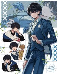 Rule 34 | 1boy, absurdres, aoi (yooo009), artist name, bamboo steamer, black hair, black jacket, black pants, blue eyes, blue flower, blue nails, chinese clothes, closed mouth, collared shirt, drink, earrings, english text, flower, food, formal, hand up, head rest, highres, holding, holding bamboo steamer, holding flower, hood, hood down, hooded jacket, jacket, jewelry, light smile, long sleeves, male focus, multiple views, non-web source, open clothes, open jacket, original, pants, ranguage, shirt, short hair, standing, sweater, turtleneck, upper body, vest, white shirt, white sweater