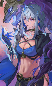 1girl black_jacket blue_bra bra breasts chimera_(wuthering_waves) commentary_request cropped_jacket galbrena_(wuthering_waves) grey_hair hair_between_eyes hand_up highres holding jacket lian_hua_yan medium_breasts medium_hair navel parted_lips purple_eyes sidelocks solo stomach underwear wuthering_waves