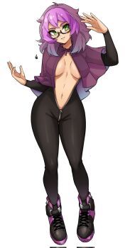 1girl black_bodysuit black_shoes bodysuit breasts breasts_apart capelet center_opening commentary double-parted_bangs english_commentary full_body glasses green_eyes hand_up highres long_sleeves looking_at_viewer medium_breasts medium_hair navel oninuer original parted_lips purple_capelet purple_hair shoes simple_background smile solo white_background zipper zipper_pull_tab