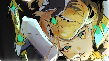 Rule 34 | 1girl, 4me3ba niku, blonde hair, close-up, earrings, grey background, holding, holding sword, holding weapon, jewelry, long hair, mythra (xenoblade), sketch, solo, sword, thumbnail collage, tiara, weapon, xenoblade chronicles (series), xenoblade chronicles 2, yellow eyes