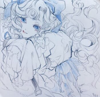 Rule 34 | 1girl, blue bow, blue eyes, bow, colored pencil (medium), commentary request, dated, dress, emu (bleudoux r), floating hair, graphite (medium), hair bow, long hair, looking at viewer, lorelei (reverse:1999), reverse:1999, smile, solo, spot color, traditional media, upper body, very long hair