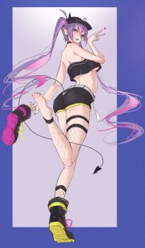 1girl arched_back ass asymmetrical_legwear bare_shoulders barefoot black_headwear black_shoes blue_border border breasts clothing_cutout commentary ear_piercing eyelashes feet fishnet_socks fishnets full_body green_eyes hair_between_eyes hand_up highres holding holding_shoes holding_unworn_clothes hololive large_breasts legs long_hair menomeno_draw midriff mismatched_legwear multicolored_hair multicolored_shoes nail_polish piercing pointy_ears purple_background purple_hair purple_nails purple_shoes shoes short_shorts shorts single_detached_legging sketch skindentation socks solo standing standing_on_one_leg streaked_hair tail tail_through_clothes thigh_strap toenail_polish toenails toes tokoyami_towa twintails two-tone_shoes underboob unworn_shoes v very_long_hair virtual_youtuber yellow_nails yellow_shoes