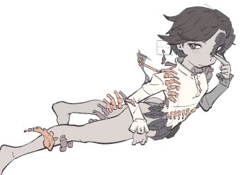 ... 1girl 4qw5 absurdres black_skirt blush bone brown_hair closed_mouth embarrassed half_mask hand_on_own_face highres iwanaga_ariya legs long_sleeves looking_at_viewer mask panties red_eyes shirt short_hair skeletal_tail skeletal_wings skirt solo tail thighs touhou underwear white_background white_panties white_shirt wings