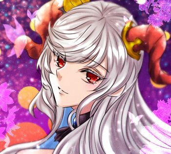 1girl aika_(mi_nekono) black_dress choker commentary dress fire_emblem fire_emblem_heroes freyja_(fire_emblem) freyja_(parallel_hearts)_(fire_emblem) frills goat_horns hair_ornament halloween_costume highres horns jack-o&#039;-lantern jack-o&#039;-lantern_hair_ornament lace lace-trimmed_dress lace_trim long_hair looking_at_viewer nintendo official_alternate_costume purple_background red_eyes white_hair