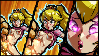 1girl 2022 20s blush bowser clothes_lift crown glowing glowing_eyes heart heart-shaped_pupils hetero jcm2 mario_(series) mario_strikers:_battle_league mario_strikers_(series) mini_crown nintendo nipples o3o ponytail princess_peach pussy sex shirt_lift solo_focus stomach_bulge symbol-shaped_pupils tagme vaginal